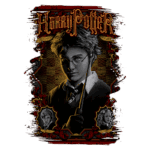 Imagem artística retratando Harry Potter com varinha, acompanhado de retratos de Ron Weasley e Hermione Granger, em design inspirado no filme "Harry Potter e o Prisioneiro de Azkaban".