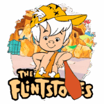 Imagem do personagem Bambam dos Flintstones, com cabelo branco, usando um chapéu amarelo e uma roupa de pedra, sorrindo, em frente a uma paisagem pré-histórica.