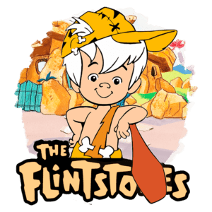 Imagem do personagem Bambam dos Flintstones, com cabelo branco, usando um chapéu amarelo e uma roupa de pedra, sorrindo, em frente a uma paisagem pré-histórica.