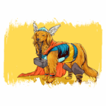 Cachorro vestido como um super-herói com capa e martelo, em fundo amarelo vibrante, representando uma fusão entre um golden retriever e um personagem mitológico.
