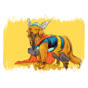 Cachorro vestido como um super-herói com capa e martelo, em fundo amarelo vibrante, representando uma fusão entre um golden retriever e um personagem mitológico.