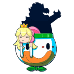 Personagem da Princess Peach suspendida dentro de um recipiente sorridente, com a sombra do Bowser ao fundo. Ilustração colorida e divertida do universo dos videogames.