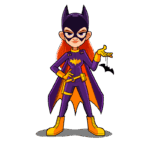 Personagem feminina vestida de Batgirl, com traje roxo e amarelo, capa e máscara, segurando um morcego na mão. Ideal para temas de quadrinhos, super-heróis e cultura pop.