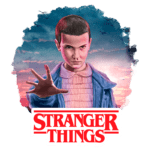 Imagem de Eleven, personagem da série "Stranger Things", com expressão intensa e mão estendida. O fundo apresenta um céu dramático com nuvens e pássaros, enquanto o título da série é destacado em letras vermelhas na parte inferior.
