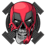 Imagem de um crânio estilizado com máscara vermelha, inspirado no Deadpool, cercado por um design gráfico com formas geométricas. Ideal para fãs de quadrinhos e cultura pop.