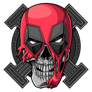 Imagem de um crânio estilizado com máscara vermelha, inspirado no Deadpool, cercado por um design gráfico com formas geométricas. Ideal para fãs de quadrinhos e cultura pop.