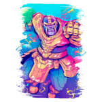 Ilustração colorida de um personagem inspirado em um vilão de quadrinhos, com armadura dourada e expressão poderosa, em um fundo vibrante com planetas e elementos cósmicos.