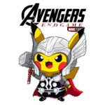 Pikachu vestido como Thor, segurando um martelo, com o logotipo de Avengers: Endgame ao fundo. Ilustração divertida que combina elementos de Pokémon e Marvel.