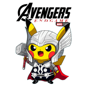 Pikachu vestido como Thor, segurando um martelo, com o logotipo de Avengers: Endgame ao fundo. Ilustração divertida que combina elementos de Pokémon e Marvel.