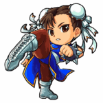 Personagem feminina de luta com cabelo preso em coques, vestindo um traje azul e botas prateadas, realizando um golpe de chute em um fundo verde.