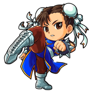 Personagem feminina de luta com cabelo preso em coques, vestindo um traje azul e botas prateadas, realizando um golpe de chute em um fundo verde.