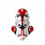 Ilustração de um capacete de soldado clone da série Star Wars, com detalhes em vermelho e branco, destacando a estética futurista e militar do universo da franquia.