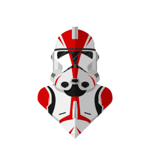 Ilustração de um capacete de soldado clone da série Star Wars, com detalhes em vermelho e branco, destacando a estética futurista e militar do universo da franquia.