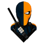 Imagem estilizada de um personagem com máscara metade laranja e metade preta, segurando uma katana e com acessórios de combate, representando um anti-herói famoso dos quadrinhos.