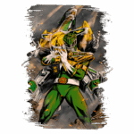 Imagem do Ranger Verde, um personagem icônico da série Power Rangers, com seu traje característico em verde e branco, posando em frente a um zord. O fundo apresenta uma cena de batalha e explosões, refletindo a ação da série.