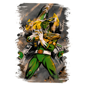 Imagem do Ranger Verde, um personagem icônico da série Power Rangers, com seu traje característico em verde e branco, posando em frente a um zord. O fundo apresenta uma cena de batalha e explosões, refletindo a ação da série.