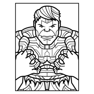 Ilustração de um super-herói inspirado no Hulk, em estilo de contorno, mostrando uma expressão intensa e forte, com destaque para os músculos e detalhes do traje. Ideal para fãs de quadrinhos e atividades de colorir.