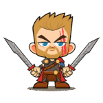 Personagem de desenho animado estilo guerreiro, com cabelo loiro e barba, segurando duas espadas. Ele usa uma armadura marrom com detalhes em vermelho e tem uma cicatriz no rosto. Fundo verde.