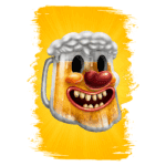 Imagem de um caneco de cerveja com rosto sorridente, com espuma no topo, em fundo amarelo vibrante. Ideal para representar diversão e celebrações.