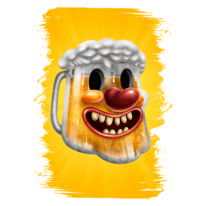 Imagem de um caneco de cerveja com rosto sorridente, com espuma no topo, em fundo amarelo vibrante. Ideal para representar diversão e celebrações.