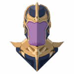 Cabeça estilizada do personagem Thanos, com armadura dourada e detalhes em azul e roxo, em design minimalista. Ideal para fãs de quadrinhos e cultura pop.