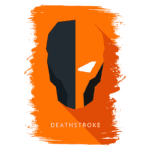 Ilustração minimalista do personagem Deathstroke, destacando seu rosto em preto e laranja, com o nome "DEATHSTROKE" embaixo. Ideal para fãs de quadrinhos e cultura pop.