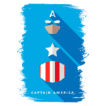 Imagem estilizada do Capitão América com o escudo e elementos icônicos, sobre fundo azul. Design minimalista destacando o símbolo da estrela e a letra "A".