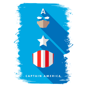 Imagem estilizada do Capitão América com o escudo e elementos icônicos, sobre fundo azul. Design minimalista destacando o símbolo da estrela e a letra "A".