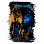 Ilustração da banda Metallica, apresentando dois lobos em destaque, um em tons alaranjados e outro em azul. O fundo é adornado com caveiras, criando um contraste visual impactante. Design inspirado em arte de shows ao vivo, refletindo o estilo pesado da banda.