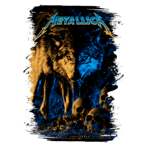 Ilustração da banda Metallica, apresentando dois lobos em destaque, um em tons alaranjados e outro em azul. O fundo é adornado com caveiras, criando um contraste visual impactante. Design inspirado em arte de shows ao vivo, refletindo o estilo pesado da banda.