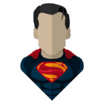 Ilustração estilizada de um super-herói com uma camisa azul e um manto vermelho, apresentando o símbolo icônico da letra "S" em amarelo e vermelho no peito. O design é minimalista, focando na figura e nos detalhes do traje.