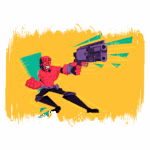 Personagem estilizado de um homem musculoso com pele vermelha, segurando uma arma e em posição de ataque, em um fundo amarelo vibrante com formas geométricas.