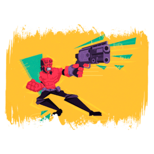 Personagem estilizado de um homem musculoso com pele vermelha, segurando uma arma e em posição de ataque, em um fundo amarelo vibrante com formas geométricas.