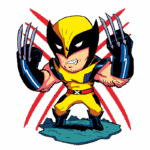 Personagem de quadrinhos inspirado no Wolverine, com vestimenta amarela e azul, garras expostas e expressão feroz, em um fundo verde com elementos gráficos vermelhos. Ideal para ilustrar temas de super-heróis e cultura pop.