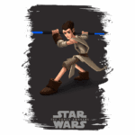 Personagem de Star Wars, com sabre de luz azul, posicionado em uma postura de combate. Ele está vestido com uma túnica bege e acessórios em tons marrons, em um estilo de arte animada. Fundo escuro com efeitos de cor.