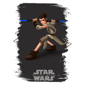 Personagem de Star Wars, com sabre de luz azul, posicionado em uma postura de combate. Ele está vestido com uma túnica bege e acessórios em tons marrons, em um estilo de arte animada. Fundo escuro com efeitos de cor.