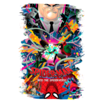 Capa do filme "Spider-Man: Into the Spider-Verse", apresentando diversos personagens do universo do Homem-Aranha em uma cena de ação vibrante e colorida, com destaque para Miles Morales e vilões icônicos.