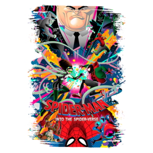 Capa do filme "Spider-Man: Into the Spider-Verse", apresentando diversos personagens do universo do Homem-Aranha em uma cena de ação vibrante e colorida, com destaque para Miles Morales e vilões icônicos.