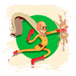 Personagem de desenho animado com cabelo careca e capa, vestindo um traje amarelo e vermelho, lançando um soco em direção a um alvo, com uma expressão de confiança e determinação em um fundo verde.