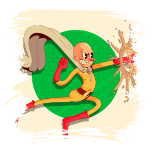 Personagem de desenho animado com cabelo careca e capa, vestindo um traje amarelo e vermelho, lançando um soco em direção a um alvo, com uma expressão de confiança e determinação em um fundo verde.