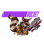 Desenho do personagem Rocket, um guaxinim antropomórfico com um olhar feroz, usando óculos e segurando uma arma futurista. O fundo apresenta a palavra "ROCKET" em destaque.