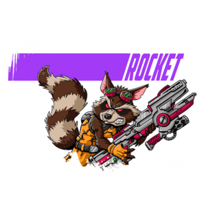 Desenho do personagem Rocket, um guaxinim antropomórfico com um olhar feroz, usando óculos e segurando uma arma futurista. O fundo apresenta a palavra "ROCKET" em destaque.