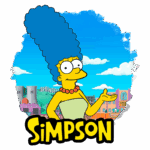 Personagem Marge Simpson, da série "Os Simpsons", com cabelo azul alto, em frente à cidade de Springfield, com edifícios e nuvens ao fundo.