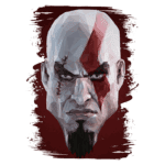 Retrato em estilo poligonal de Kratos, personagem icônico da série de jogos God of War, com expressão intensa e marca vermelha no rosto, em fundo escuro.