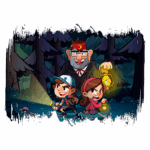 Três personagens de desenho animado explorando uma floresta escura, com lanternas na mão. Dois jovens, um menino com boné e uma menina com cabelo castanho, estão à frente, enquanto um homem mais velho, com óculos e gravata borboleta, os acompanha. A cena é iluminada por suas lanternas, destacando o ambiente misterioso e os cogumelos ao redor.