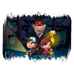 Três personagens de desenho animado explorando uma floresta escura, com lanternas na mão. Dois jovens, um menino com boné e uma menina com cabelo castanho, estão à frente, enquanto um homem mais velho, com óculos e gravata borboleta, os acompanha. A cena é iluminada por suas lanternas, destacando o ambiente misterioso e os cogumelos ao redor.