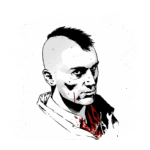 Ilustração em preto e branco de um personagem masculino com cabelos curtos e moicano, apresentando uma expressão séria, com sangue visível em sua camisa. Fundo texturizado em branco e verde.