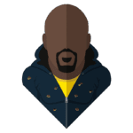 Ilustração de um homem com pele escura, usando um moletom azul escuro com manchas, e uma camiseta amarela. A imagem é estilizada e retrata apenas a parte superior do corpo, focando na expressão facial neutra.