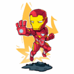 Desenho animado do Iron Man em ação, usando sua armadura vermelha e dourada, com a mão levantada e um fundo de explosão. Ideal para fãs de quadrinhos e cultura pop.