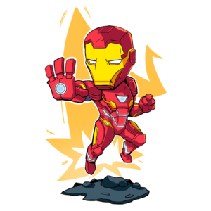 Desenho animado do Iron Man em ação, usando sua armadura vermelha e dourada, com a mão levantada e um fundo de explosão. Ideal para fãs de quadrinhos e cultura pop.
